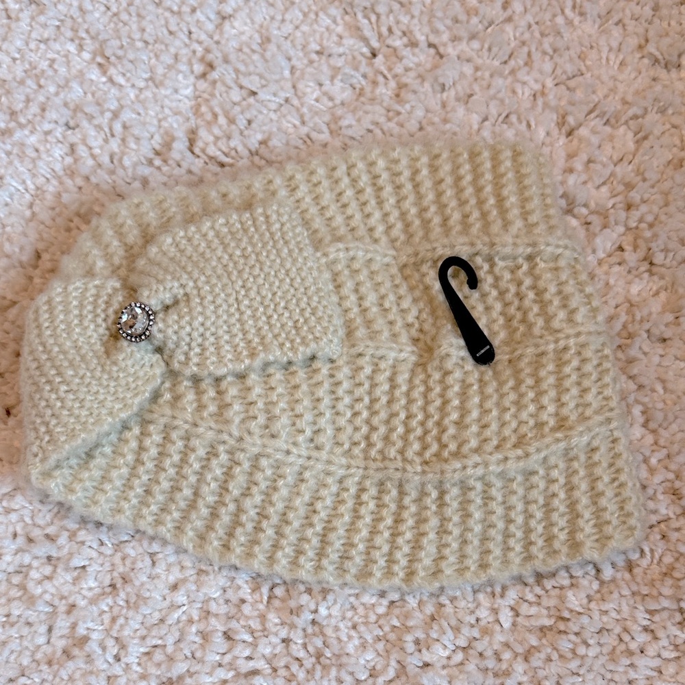 Cream Knit headband bling rhinestone Brooch adjustable winter bow new